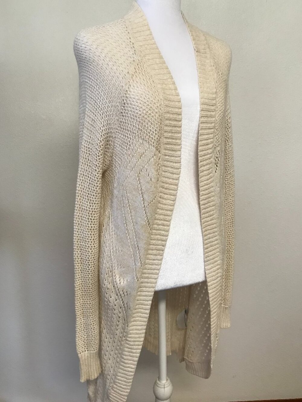 Roxy Longline Open Knit Cardigan XS Ivory 100% Cotton Boho Layering Sweater